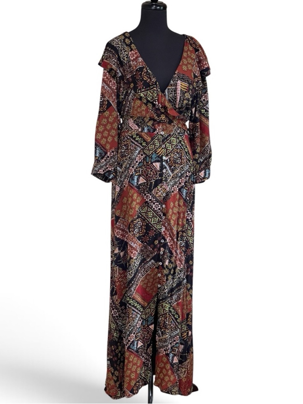 Free People Lennon Multicolor Patchwork Paisley Print Maxi Dress Sz L Bohemian